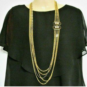 Black Enamel Crystal Gold finish Five Multi Strand Chain Necklace made in Italy